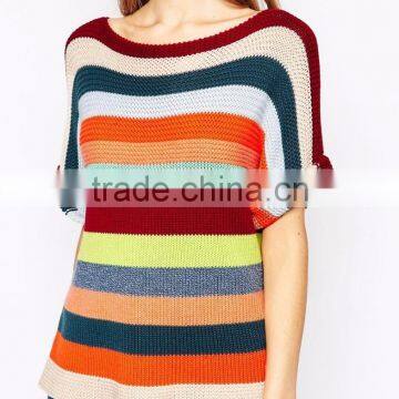 Cheap Price Rainbow Multi-color Colorful Sweater Slim Fit Casual Crew Neck Knit Top In Stripe Half Sleeves For Ladies photo-4
