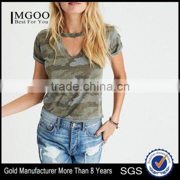 MGOO Wholesale Slim Fit Raw Cut Hems Camo T Shirts Full Digital Print Cutout T Shirt For Women
