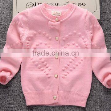 latest custom child girls balls pink pearl buttons cardigan sweater