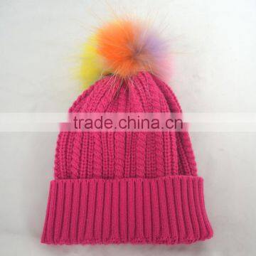 Myfur Rose Color Girls Winter Wool Hat With Removable Raccoon Fur Pom Pom photo-5