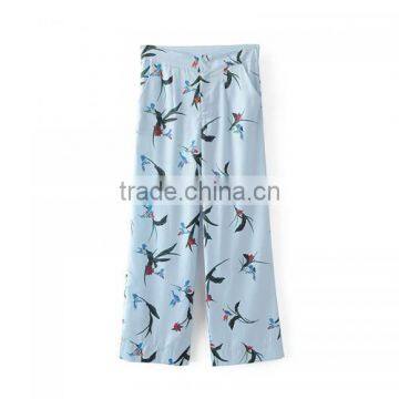 2017 China Wholesale Cotton Women Long Trousers Printed Bird Pattern Light Blue Pants Trousers photo-3