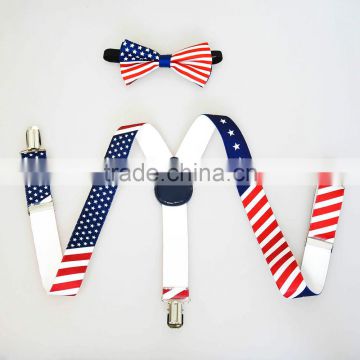 USA Flag Suspender and Bow Tie Set for Baby Toddler Kids Boys Girls Clip-on Suspenders Elastic Adjustable Y Braces