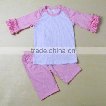 3/4 sleeves raglan shirt with pink ruffle pants children spring clothing sets wholesale