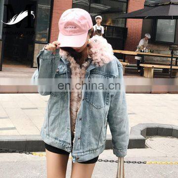 Latest Fashion Ladies Wholesale Real Lamb Fur Lining Denim Jacket Women