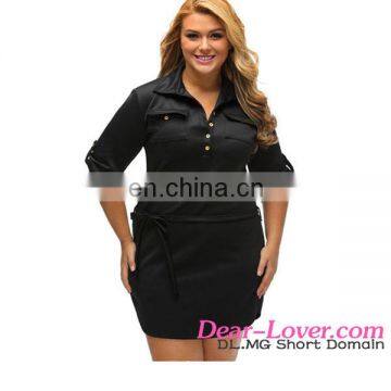 Hot Selling Fashion Black Belted Textured Shirt Plus Size Formal Dresses