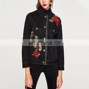 Wholesale custom floral embroidered zipper denim jacket for woman