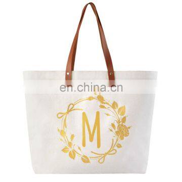 ElegantPark M Initial Personalized Gift Monogram Tote Bag with Interior Zip Pocket Canvas PU handle