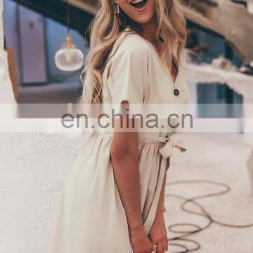 LAITE D2146 Women V-neck Short Sleeve Casual Dress Women Casual Dress With Belt Button photo-4