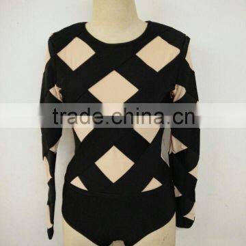 Summer dress 2016 new black and beige mesh long sleeve O neck women bandage jumpsuit Playsuit Bandage Bodycon Women Wearing
