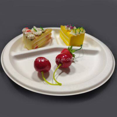 9'' Compostable Bagasse Round Plates - 3 Compartments 100% Eco-friendly