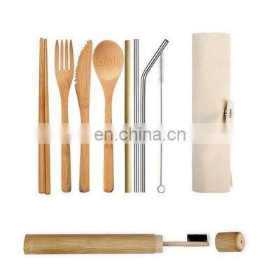 Wooden Teak Wood Flatware Cutlery Set Bamboo Wooden Flatware Straw Dinnerware Set With Cloth Bag Knives Fork Spoon Dishes Travel photo-5