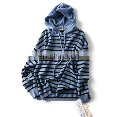 Women Casual Cashmere Knit Striped Pullover Hoodie