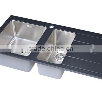 Tempered black glass sink stainless steel hand made kitchen sink