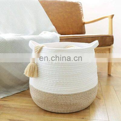 Hot Sell Woven Storage Basket with Handles Laundry Hamper Toy Towels Blanket Basket Woven Cotton Rope Basket