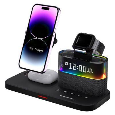 5 in 1 Wireless Charger Phone Stand with RGB LED Light 3-in-1 Magnetic Holder for iPhone Alarm Clock