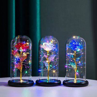 Galaxy Red Blue Light up 24K Gold Rose in Glass Dome Preserved Artificial Flower for Valentines Mothers Gift Bulk