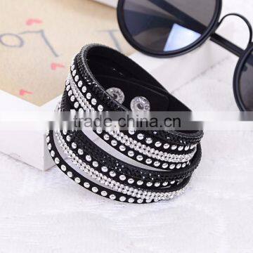 Handmade Leather Bracelet Wrap,Double Crystal Leather Rhinestone Bracelet,Wholesale Leather Bracelet For Man