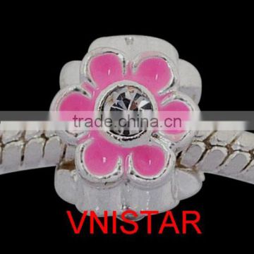 Vnistar silver plated pink enamel beads, flower shaped european bead with clear crystal PBD1608