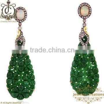 14K Yellow Gold Earrings, Diamond Earrings, Gemstone Diamond Earrings, Jade Carving Earrings, Jade 925 Silver Carved Earrings