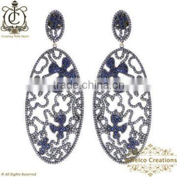 Pave Diamond Gemstone Earrings, 925 Silver Earrings, Blue Sapphire Pave Diamond Earrings, Diamond Jewelry Manufacturer