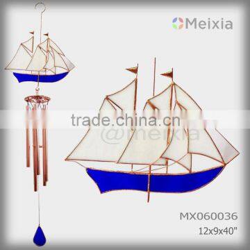 MX060036 wholesale wind chime with tiffany style stained glass boat craft decoration top and metal wind chime pipe