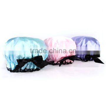 yiwu waterlotus fashion waterproof satin purple pink blye shower cap with big bowknot