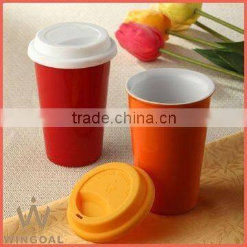 WG398 ceramic double wall travel mug with silicone lid