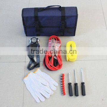 auto safety and repair tools in foldable bag with booster cable