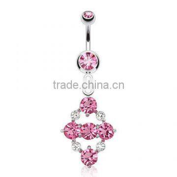 Hollow Pink CZ Paved Dangle Navel Belly Button Ring