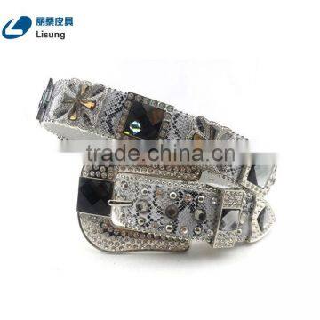 Gray Crystal Crosses Studded Snake Skin Rhinestone Pure Leather Belt