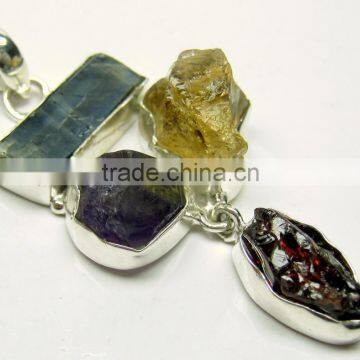 Kyanite Amethyst Citrine & Garnet Rough Gemstone Pendant, 925 Solid Sterling Silver Pendant, Designer Raw Bezel Pendant