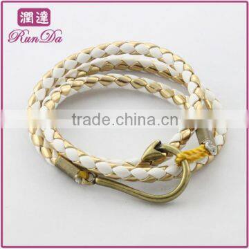 fashion fish hook two tone white and gold leather bracelet jelewery manufacture