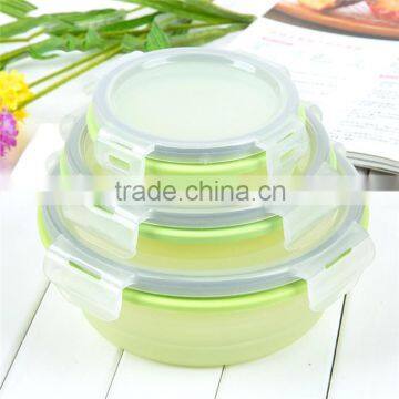 Round shape silicone collapsible lunch box with Plastic Lid, Food Grade Customized custom silicone collapsible lunch box