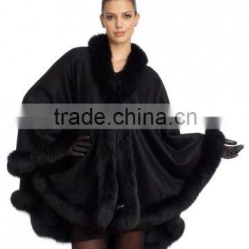 100% cashmere scarf /shawl/poncho/cape with fox fur trim