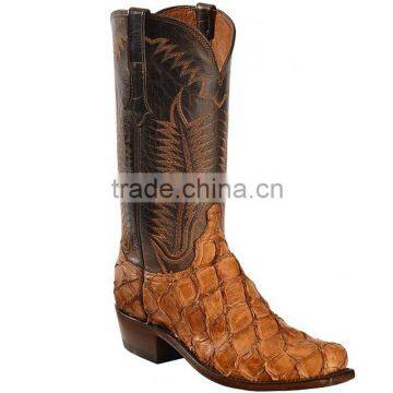 tan brown cowboy genuine leather Pirarucu fish vamp western boots wholesale