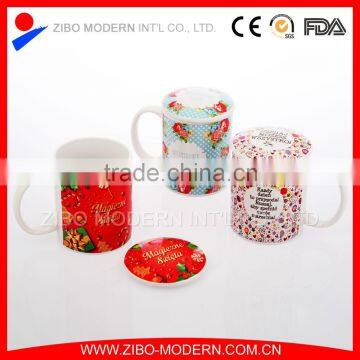 high quality white ceramic coffee mug with print and lid