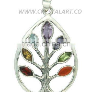 CHAKRA FACETED GEMSTONE TREE 925 SILVER PENDANT