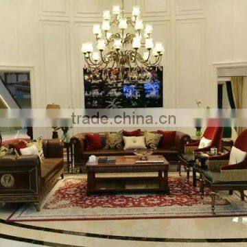 Vintage Royal Style Castle Sofa Luxury Button Tufted Leather Sofa Set Imperial Noble Wood Carved Living Room Sofa Set