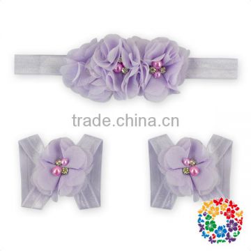 Cute Chiffon Flower Baby Barefoot sandals with headbands set Lavender Fashion Petti rhinestones baby shoes set