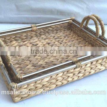 Set of 2 rectangle water hyacinth baskets with handles