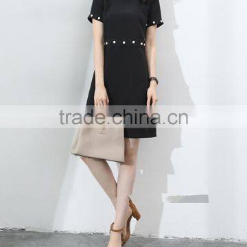 Guangzhou Oem Clothing White Pearl Embellishment Dresses Short Sleeve Black Slim Dress photo-3