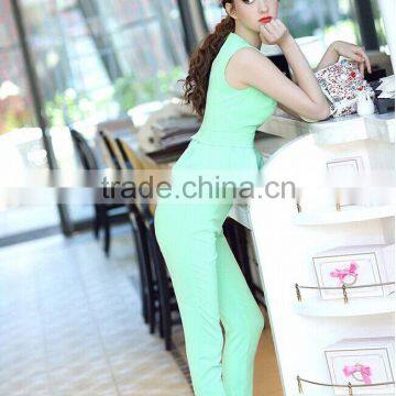New Summer V Neck Green Color Ruffled Top With Slim Fitted Top and Pants Suit Fashion Matching Set photo-6