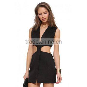 Women deep V neck open waist black short tight mini party dress prom dress wholesale