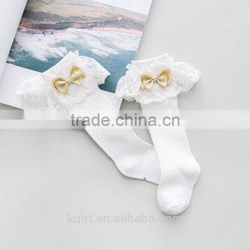 Girls Kids Lace Socks Long For Children Cute Cotton Knee High School Sock With Bow Girl Spring Autumn Solid Princess White Black photo-2