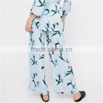 2017 China Wholesale Cotton Women Long Trousers Printed Bird Pattern Light Blue Pants Trousers photo-2