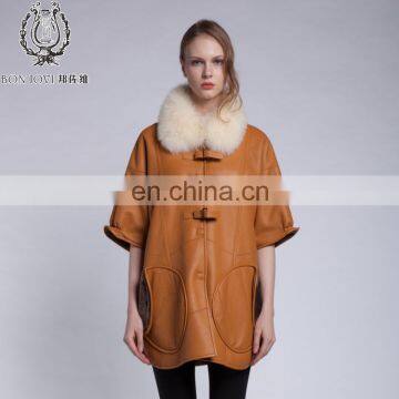 Winter Fur And Leather Overcoat Fox Fur Collar Sheepskin Fur Coat Cream Collar Lamb Fur Jacket photo-6