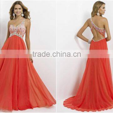 2014 New Arrive High Quality Elegant One-Shoulder Prom Dress with Beading and Backless Charming Prom Dress