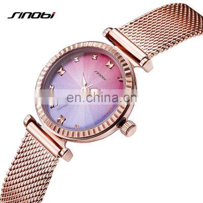 SINOBI Color Gradient Dial Watch Lady Mesh Band Wristwatch Diamond Decoration Bezel Girls Watch OEM Watches