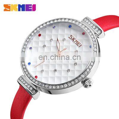 skmei 9142 luxury design resistant leather womens diamond watches