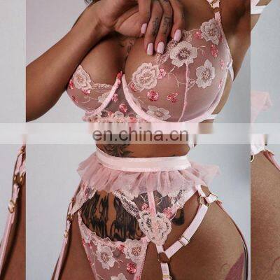 Pink Transparent Underwear Push Up Bra  Lace Mesh Net Embroidery Garter Lingerie Set Japanese Mature Women Sexy  Lingeries